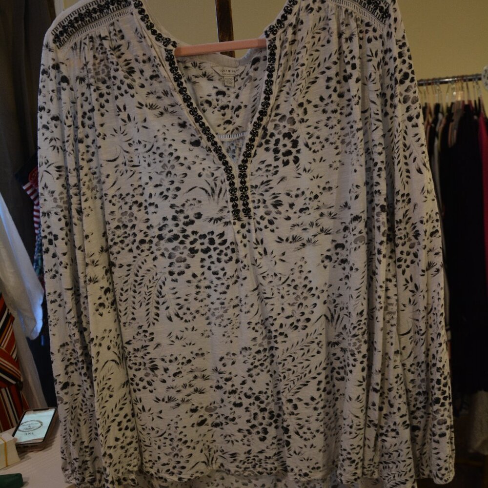 Lucky Brand Plus 3X Boho Floral Embroidered Split Neck Tunic Top